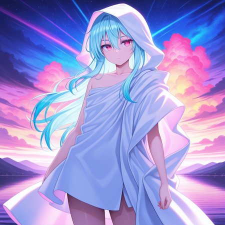 colorful, vibrant, very aesthetic, masterpiece, best quality, detailed background, absurdres,  <lora:raphael-v1-000007:1> ts-raphael, 1boy, androgynous, white hooded_robe, single bare shoulders, cowboy shot