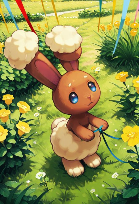 masterpiece, best quality, no humans,    zzBuneary, brown fur, cream puff tail, long ears, bright eyes, grassy field, wildflowers, clover, mid-jump, sunny day, soft breeze, playful energy â In a field of blooming wildflowers, Buneary leaps mid-air, her long ears trailing behind like streamers. A soft breeze stirs the clover and dandelions around her as she bounds with joyful abandon. Her bright eyes sparkle in the sunlight, and her fluffy cream tail bobs like a pompom. The warm afternoon hums with bees and birdsong, perfectly matching her carefree spirit.  <lora:BunearyPokedex_IXL:1.0>,