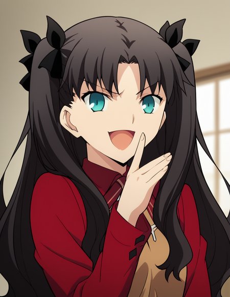 score_9, score_8_up, score_7_up, source_anime, rintohsaka, <lora:rin-tohsaka-ubw-ponyxl-lora-nochekaiser:1>, rin tohsaka, aqua eyes, black hair, hair ribbon, long hair, ribbon, sidelocks, two side up, parted bangs,, <lora:ojou-sama-pose-ponyxl-lora-nochekaiser:1>, ojou-sama pose, laughing, smug, hand to own mouth, open mouth,, indoors, smile,, cowboy shot, dutch angle, looking at viewer,