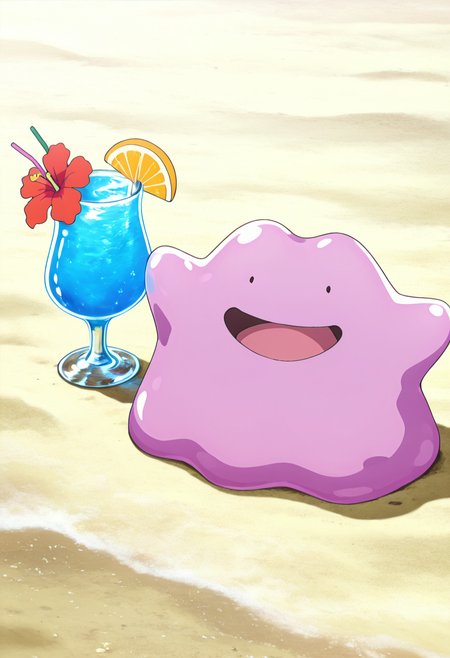 masterpiece, best quality, anime screencap, solo, no humans,   zzDitto, :D, beach, tropical drink,   ,<lora:DittoPokedex_IXL_v1:1.0>,