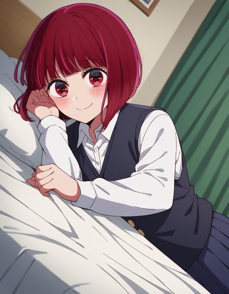 score_9, score_8_up, score_7_up, source_anime,
kanaarima, <lora:kana-arima-s1-ponyxl-lora-nochekaiser:1>,
kana arima, short hair, bangs, red eyes, red hair, bob cut, smile,
long sleeves, school uniform, white shirt, collared shirt, vest, black vest,
indoors, bed, bed room, on side, blush, drunk,
looking at viewer, cowboy shot, dutch angle, solo,