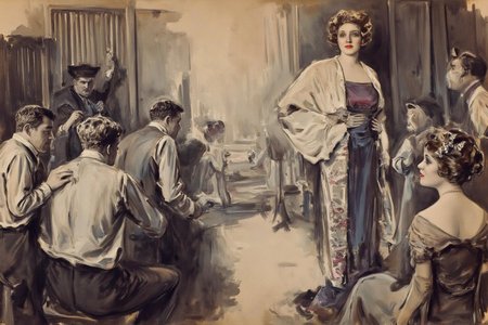 howardchandlerchristy1 illustration.
An early 20th-century film set. A glamorous actress stands confidently in a spotlight on the right side of the scene, dressed in an elegant gown with a shawl draped over her shoulders. On the left side, a group of men, their backs to the viewer, including a cameraman and director, are preparing equipment and giving directions. One woman, her back to the viewer, with an elaborate hairstyle sits in the foreground, looking to the right. The setting is richly detailed with studio lights and period clothing.
 <lora:howardchandlerchristy1_d8a4e11:1.0><lora:865843448048015803:0>