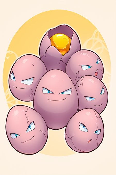 score_9, score_8_up, score_8,  ,,, , ,,, zzExeggcute, no humans,  <lora:ExeggcutePokedexPDXL:1.0>, smug,  ,,,, BREAK, smile, looking at viewer, ,,, abstract background, white outline, cowboy shot, ,,, embedding:zPDXL, Expressiveh, ,,, <lora:theOtherHalfPDXL:0.8>, <lora:CatalystStylePDXL:0.6>, <lora:SDXLFaeTastic2400:0.5>, <lora:Expressive_H-000001:0.4>,