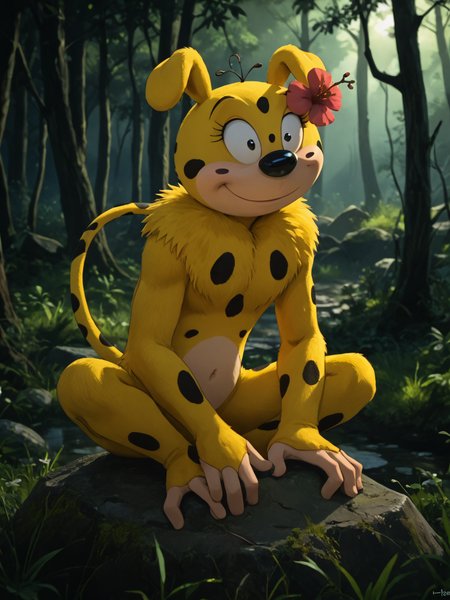 score_9, score_8_up, score_7_up,  score_6_up, BREAK, M4rsupi4amie, 1girl, solo, black eyes, tail, hair flower, yellow fur, forest, ruins, overgrown, nature, grass, sitting on a rock, smile, looking at viewer, fog, Volumetric Lighting <lora:Marsupilamie:0.8>  <lora:David_style:1> Poststyl,