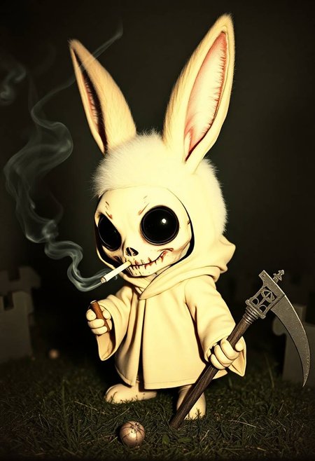 analog raw photo,  1950 technovision syle, vintage mood, inspired by Stik and Chris Ryniak, creepy furry chibi lowbrow smoking cigarette (rising smoke) zombie rabbit halloween with large pointy ears, large googly eyes with glossy black irises surrounded by dark pupils, cute rabbit grim reaper, wearing skull mask masquerade,  on graveyard, wearing  robe holding a sickle , cinematic  movie still  