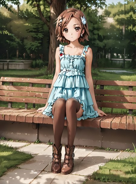 score_9, score_8_up, score_7_up, 1girl, 
<lora:BT_Ruffle_Mini_Dress_Pony:0.7> btrufmidr, ruffle, mini, dress,
beautiful girl ankle boots, boots, sitting, thighhighs,
<lora:Kurashima_Chiyuri:0.7> 1girl, brown hair, brown eyes,  
Background: Outdoor Park,
soft features, best quality, masterpiece,