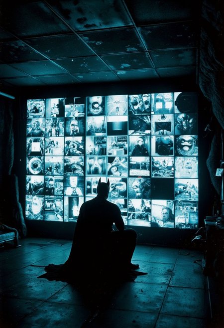 worn-down computer control panels surrounding batman sitting in the ghst batcave, dimly lit, atmospheric haze, mystic haze, fflix_impphoto made out of old CRT screens, swirled monitor rag on otclillsn TV screen Showing memes, In a vast, dark stalactite cave, Batman sits at the center, surrounded by a massive wall of monitors, vigilantly watching over Gotham. 
creating a dystopian hyperpunk scene with vibrant dark dark-blue and black details, cinematic composition, soft shadows, very detailed, hd, RAW photograph, masterpiece, top quality, best quality, photorealistic, amazing quality, masterpiece, best quality, hyper detailed, ultra detailed, UHD, perfect anatomy, portrait, dof, hyper-realism, majestic, awesome, inspiring,
