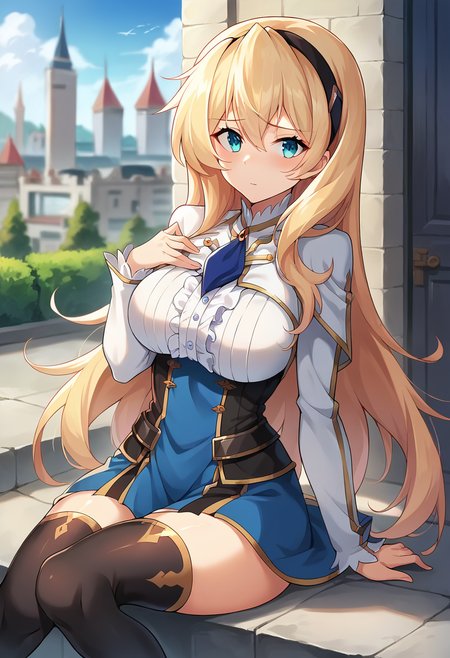 score_9, score_8_up, score_7_up, source_anime, masterpiece, 1girl, ctiancelesti4, blue necktie, white capelet, long sleeves, underbust, blue skirt, emblem, black thighhighs, frills, frilled skirt, looking at viewer, outdoors, city, depth of field, day, sunny,  <lora:Celestia_Ralgris_pony_ct:1>
