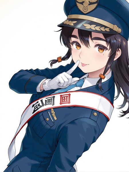 masterpiece,best quality,newest,1girl,solo,
<lora:mao2_ilxl_v1.2:1>,mao2,m_hat,m_clothes,white gloves,blue jacket,mole under eye,
<lora:Fixhands_anime_bdsqlsz_V1:1>,looking_at_viewer,light_blush,cinematic_angle,looking_at_viewer,white_background,simple_background,upper_body,face_focus,portrait,from_back,looking_back,;p,shushing,