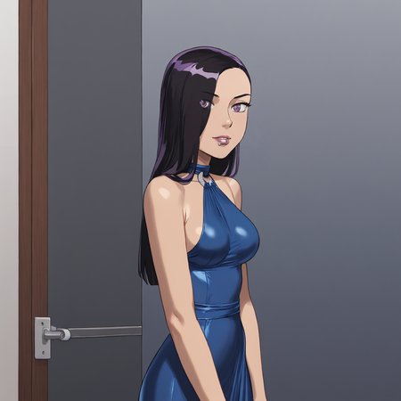 <lora:Vampblade_pony_v1:1>Katie, 1girl, long hair, hair over one eye, black hair, medium breasts,  makeup, purple eyes, cowboy shot,  <lora:0932 Home wear 9_v1_pony:1> ruanyi0932,blue dress,halter dress,sleeveless,cowboy shot,taut dress,skin tight,long dress
