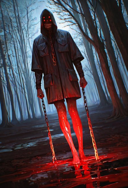 detailed face, detailed body,shiny skin,photorealistic, dutch angle, masterpiece, best quality, amazing quality, very aesthetic, absurdres,  newest, scenery, volumetric lighting,
teeth, horror_(theme), blood, , , solo, , barefoot, , chain, , standing, 1other, 1boy, pocket red_eyes, blood, nature, night, 
in the background is a dark, gloomy forest in the fog, autumn,,dark atmosphere, night