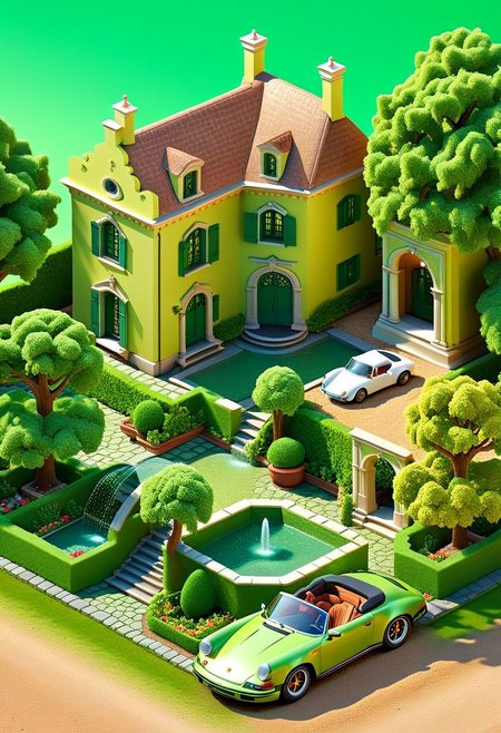 ispzxll, diorama, isometric, miniature, french mansion courtyard, meticulous gardens, gravel, dirt, well kept, mature tree, intricate fountain, spraying, water, scenery, decorations, green porsche sports car convertible, volumetric lighting