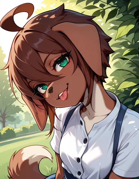 masterpiece, best quality, very aesthetic, absurdres,
outdoors, 
headshot, head tilt, tongue out, 
black button-down shirt,
seductive smile, parted lips, long eyelashes,
<lora:Kess_v01_NAIXL:1>
Kess,1girl,solo,furry,furry female,dog girl,brown hair,short hair,hair between eyes,dog ears,green eyes,snout,animal nose,body fur,brown fur,dog tail,