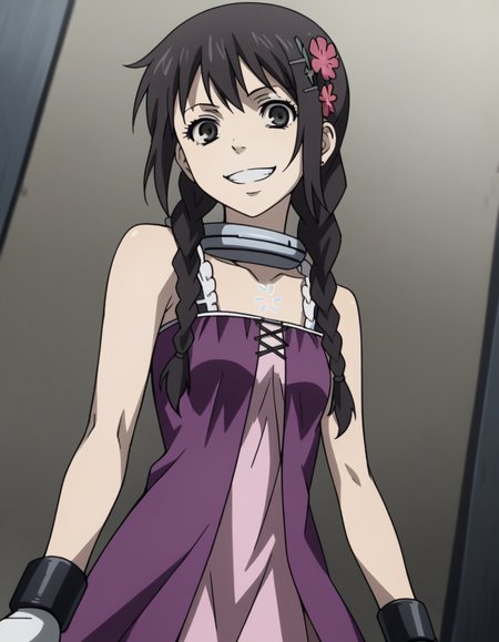 score_9, score_8_up, score_7_up, source_anime,
minatsukitakami, <lora:minatsuki-takami-s1-ponyxl-lora-nochekaiser:1>,
minatsuki takami, long hair, black hair, hair ornament, braid, flower, twin braids, hair over shoulder,
gloves, fingerless gloves, collar, dress, purple dress, collarbone, strap, bare shoulders,
indoors, prison, smile, evil smile, grin,
cowboy shot, looking at viewer, solo, dutch angle,
