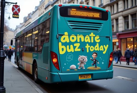 The advertisement on the bus says "donate buzz today"