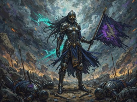 <lora:ck-Ivan-Beslic-Art-Style-000019.safetensors:1> A highly detailed and vibrant digital painting in the style of ck-ib
In a dark and fantastical world, a formidable warrior woman towers over the battlefield, her stance one of victorious defiance. She stands amidst the remnants of a fierce conflict, the ground littered with shattered armor and discarded weapons. Her armor, a masterpiece of ancient craftsmanship, gleams with intricate, almost otherworldly designs that seem to shift and pulse with an inner light. The metal is a deep, steely navy, with hints of glowing cyan and gold that accentuate her imposing presence. Her visored helmet, adorned with arcane symbols, conceals her face, adding an air of enigmatic power and mystery.
Despite the heavy, battle-worn armor, her form-fitting breastplate and the flowing lines of her attire reveal her femininity and strength. Her bare feet, planted firmly on the earth, ground her to the mystical realm she inhabits. In her hand, she holds a tattered, dark purple banner, its edges frayed and torn, yet it still flutters majestically in the wind, symbolizing her triumph over chaos. Her long, flowing hair, caught in the tempest, adds to the dynamic energy of the scene.
The landscape around her is a tapestry of dark, earthy tones—charcoal and muted browns—punctuated by the occasional streak of glowing cyan or gold. The sky above is stormy, with thick, swirling clouds that cast deep shadows over the battlefield, creating a sense of foreboding and mystery. Ethereal mist and colored smoke drift through the air, adding to the otherworldly ambiance. The fallen opponents at her feet, their armor marked by the signs of recent, brutal combat, serve as silent witnesses to her hard-won victory. The scene is a blend of realistic textures and fantastical elements, capturing the essence of epic fantasy and the profound power of the warrior woman.