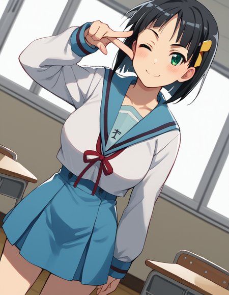 score_9, score_8_up, score_7_up, source_anime, suguhakirigaya, <lora:suguha-kirigaya-s1-ponyxl-lora-nochekaiser:1>, suguha kirigaya, short hair, black hair, hair ornament, hairclip, green eyes, large breasts,, <lora:haruhi-suzumiya-cosplay-ponyxl-lora-nochekaiser:1>, haruhisuzumiyacosplay, suzumiya haruhi \(cosplay\), skirt, long sleeves, school uniform, serafuku, sailor collar, blue skirt, blue sailor collar, winter uniform, kita high school uniform,, classroom, one eye closed, pointing at viewer, smile, blush,, cowboy shot, dutch angle, solo,