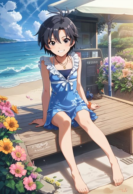 score_9, score_8_up, score_7_up, score_6_up, source_anime, <lora:Worldly_XL:1> etailerlora, sunlight, ocean, waves, clouds, flowers, people, 1girl, solo, carefree Kikuchi Makoto at the beach, <lora:KikuchiMakoto_pony_v1:0.9> kkcmkt, short hair, black hair, antenna hair, hair between eyes, black eyes, flat chest, small breasts, smile, barefoot, summer clothes, beachwear, swimwear, <lora:loraeyesxl:0>