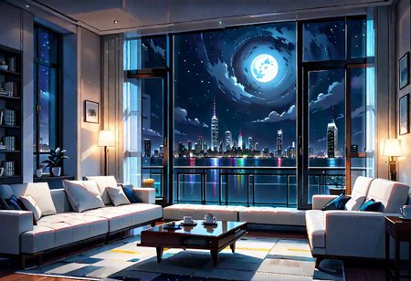 ((front view)), Shallow scene, ((animation style)), modern-style interior, with white walls, (large windows), a  study, Sofa, coffee table, bookcase, single wall, (gloomy room), Turn off the indoor lights , quiet and mysterious night sky, starry sky, moonlight, city night view, (City high-rise building scenery), (City scenery outside the window)