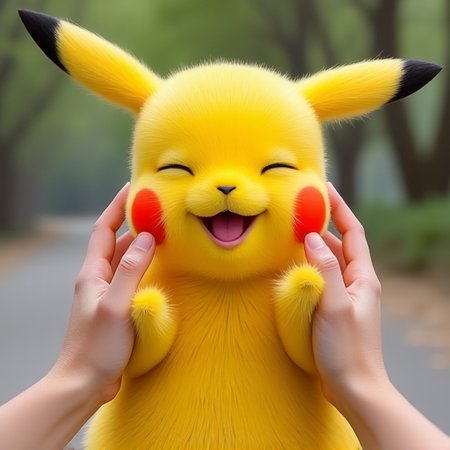 Semi-Realistic, score_9, score_8_up, score_7_up, pikachu, feral, cheek squash, hands on another's face, hands on another's cheeks, solo focus, pov hands, human, happy, eyes closed, standing, headshot portrait,