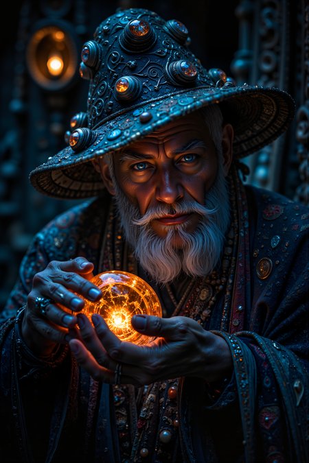 A hyper-realistic portrait, photorealistic photo close-up image ofAn elderly Thaylen man with dark, leathery skin and short, silver hair is captured in a close-up portrait, his bushy eyebrows furrowed in concentration as he examines an ancient, glowing gemstone. The scene is set deep within the bowels of Urithiru, where the walls are lined with strange, luminescent glyphs that cast a dim, multicolored light. His clothing is a patchwork of old, worn fabrics, each piece embroidered with symbols of forgotten Thaylen gods, and he wears a peculiar, wide-brimmed hat made of cremling shells. The gemstone in his hands pulsates with a soft, internal light, casting eerie shadows across his deeply lined face. His blue eyes, sharp and calculating, reflect the glow of the gemstone as if searching for a secret hidden within its depths. The surrounding chamber hums with an ancient energy, and the walls seem to shift and breathe with a life of their own. This portrait conveys a moment of discovery and intrigue, where the strange and the ancient collide in a setting steeped in mystery and forgotten lore. (photography, high-resolution, dynamic, energetic,hyper-realistic, dramatic lighting, shallow depth of field.), detailmaximizer, MythP0rt<lora:midjourney_whisper_flux_lora_v01:0.55><lora:aidmaMJ6.1-FLUX-V0.1:0.4><lora:FluxMythP0rtr4itStyle:0.4><lora:detailed_flux_ntc:2.2><lora:aidmaImageUpgrader-FLUX-V0.1:0.65>