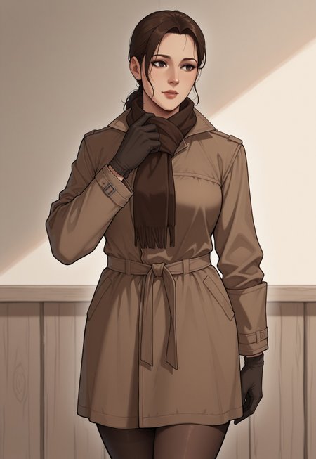 masterpiece, best quality, semi-realistic, cartoon style, cowboy shot, 1girl, mature female, solo, NaomiMGS, ponytail, Scarf, dark brown coat, gloves, pantyhose,