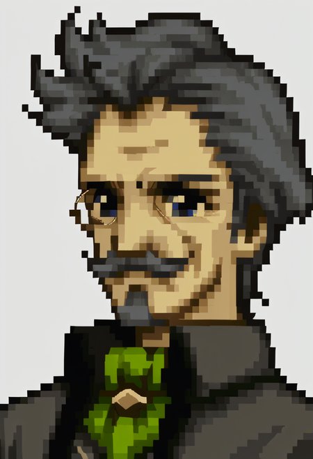 score_9, score_8_up, score_7_up, source_anime, 1boy, <lora:zs_FE4PortraitsXL:1.0> fe4portraits, portrait, pixel art, white background, <lora:HannemanFE-pdxl:1> hanFE, short hair, grey hair, blue eyes, monocle, old man, mustache, goatee, grey jacket, collared shirt, green ascot