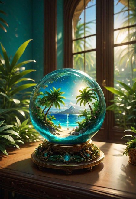 In the night room there is a glass sphere on the table, emitting a soft heavenly glow. Inside, the miniature galaxy is seething with cosmic energy and the galaxy within. Outside, the room's window reveals a tropical panorama: palm trees sway gently, their leaves whisper in the wind; turquoise waters lap against golden shores. The scene combines earthly paradise with cosmic magic, creating a harmonious symphony of natural and celestial beauty.