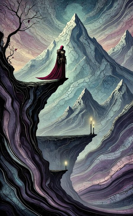 <lora:Silhuflowart2.safetensors:1> Silhuflowart, Silhouette, Fluid, Pastel
In the eerie half-light of a gothic dawn, the majestic snow-capped peaks loom like ancient guardians, their summits shrouded in a veil of mist. The sky is a deep, brooding indigo, tinged with the faintest hint of gold at the horizon, casting long, dark shadows across the rugged landscape. Perched on a jagged, moss-covered cliff, the lone figure stands as a silent sentinel. Cloaked in a deep crimson garment adorned with intricate, gold-trimmed patterns, the figure's presence is both imposing and enigmatic. The cloak flutters gently in the cold, damp air, revealing glimpses of a heavy, ornate breastplate that glimmers in the dim light.
The rocky cliff is overgrown with twisted vines and cobwebs, adding to the sense of ancient, lingering mystery. Flickering torches, set into the cliff face, cast an uneven, ghostly illumination, their flames dancing against the dark stone. The air is heavy with the scent of damp earth and a faint, metallic tang.
The figure's face is hidden in shadow, but their stance is one of quiet resolve, a hand resting on the hilt of a sword that protrudes from a scabbard at their side. The landscape around them is a tapestry of dark, moody colors—rich purples, deep greens, and charcoal grays—enhancing the gothic atmosphere. The snow-capped peaks, though majestic, seem to watch over the scene with a silent, foreboding presence, as if guarding secrets that have been forgotten by time.
In this haunting, filmic wide-angle shot, every detail is captured with a sense of profound, otherworldly beauty, drawing the viewer into a realm of shadows and veiled secrets.