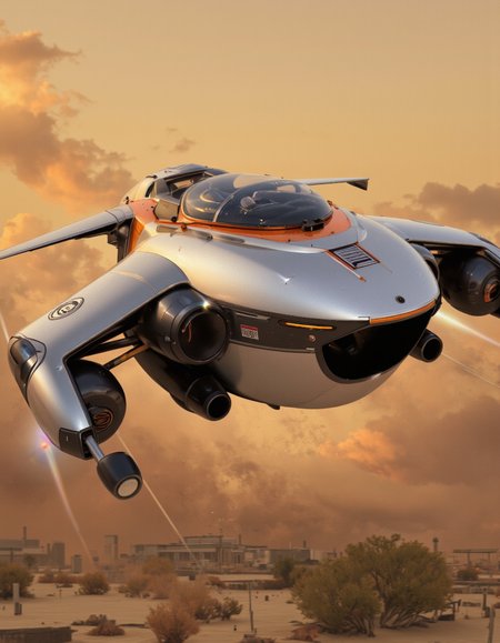 Art by Andrian Luchian. A photo-realistic shoot from a low angle about a futuristic flying vehicle in motion during sunset. the image also shows a desert landscape with distant buildings in the distance. on the middle of the image, a futuristic silver and black vehicle with a sleek design and orange accents is flying through the air. the vehicle has a large, open-top cockpit and a sleek, streamlined body with a low-slung design. it appears to be in motion, with its wings spread wide, giving it a sense of movement. the background is blurred, but it seems to be an outdoor setting with a sandy texture and distant buildings. the sky is orange and warm, with a few clouds scattered across it. the lighting is soft and diffused, casting gentle shadows on the vehicle.