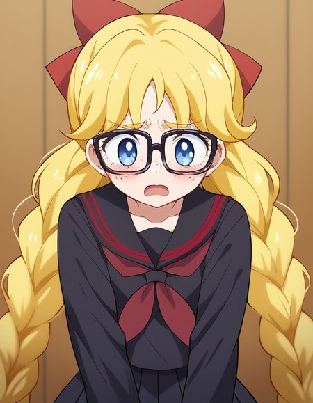 score_9, score_8_up, score_7_up, source_anime, <lora:minako-aino-eternal-movie1-ponyxl-lora-nochekaiser:1>, minako aino, blonde hair, blue eyes, bow, hair bow, half updo, long hair, red bow, tiara,, <lora:jimiko-ponyxl-lora-nochekaiser:1>, jimiko, glasses, black-framed eyewear, messy, unkempt, thick eyebrows, twintails, braids, freckles, baggy eyes,, blush, open mouth, embarrassed, classroom, adjusting eyewear, serafuku, black serafuku, red neckerchief, skirt, black skirt, pleated skirt, cowboy shot, <lora:averting-eyes-ponyxl-lora-nochekaiser:1>, averting eyes,