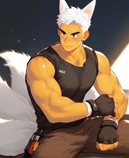 ((source anime)), breeze style, ((anime eyes:1.5, small nose, simple mouth:1.5)), short hair, score_9, score_8_up, score_7_up, Korean, <lora:Expressive_H:1.4>, ((handsome man:1.2, light skin)), (focus male, solo:1.1), masterpiece, best quality, ((1man, 1boy)),
<lora:Breez_Style_Wv7:1>. breeze style, smile, 
masterpiece, best quality, amazing quality, 1boy, solo, masterpiece, best quality, animal ears, short hair, muscular, pants, tails, white hair, brown pants, tank top, black tank top, blush,gloves,fox ears,fingerless gloves,fox tail, 9 tails, fox boy, sideburns, volumetric lighting, breeze style, muscular man,