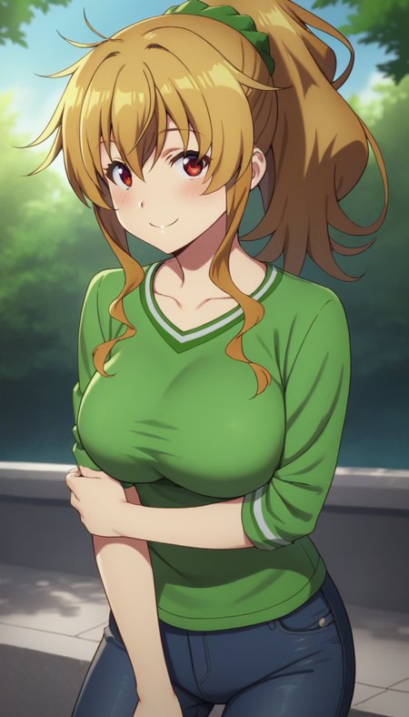 score_9,score_8_up,masterpiece,best quality,correct anatomy,anime_source,1girl,solo,perfect eyes,perfect arms,perfect legs,perfect face,outdoors,upper body,(portrait:1.5),looking at viewer,facing viewer,smile,blush,Nanako Kogure,long hair,brown hair,high ponytail,shiny hair,hair intakes,hair ornament,hair scrunchie,green scrunchie,sidelocks,hair between eyes,bangs,red eyes,collarbone,green shirt,long sleeves,large breasts,jeans,pants rolled up,loafers,<lora:Nanako Kogure(bnr)-Pony:1.8>,