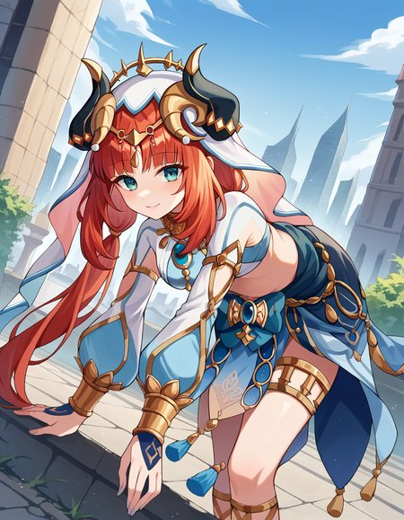 score_9, score_8_up, score_7_up, source_anime,
genshinnilou, <lora:genshin-nilou-ponyxl-lora-nochekaiser:1>
nilou, red hair, twintails, blue eyes, long hair, smile,
blue skirt, bracer, circlet, crop top, dancer, detached sleeves, fake horns, gladiator sandals, gold footwear, gold trim, horns, jewelry, long sleeves, neck ring, puffy long sleeves, puffy sleeves, sandals, skirt, thighlet, thighs, veil, white headwear, white sleeves, white veil,
outdoors, cityscape, bent over,
looking at viewer, dutch angle, cowboy shot,