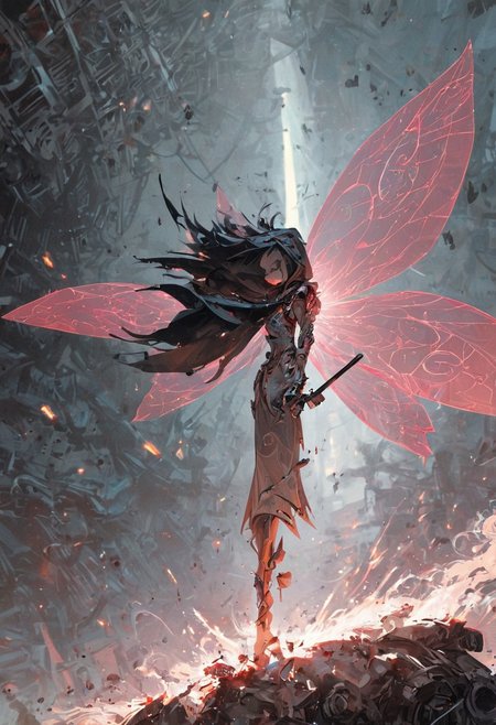 score_9, score_8_up, score_7_up, cinematic photo, dramatic lighting, dynamic pose, fantastic, 
A woman in swirling black and grey high dress clothing with a hood,
((She wields a pair of thin glowing pink blades with an obsidian cross guard)),
(She has uniquely colored and shaped, translucent fairy wings sweeping behind her, with charcoal grey and smoke like elements),  
Her short black hair partially obscures her intense, teal-eyed gaze,
Sparks and ash fly around her in the dimly lit, background of a futuristic spaceship interior, 
Glowing, action, intense, Anime style, high contrast, and saturated colors. <lora:Neon_Splash_Art_for_Pony:1>