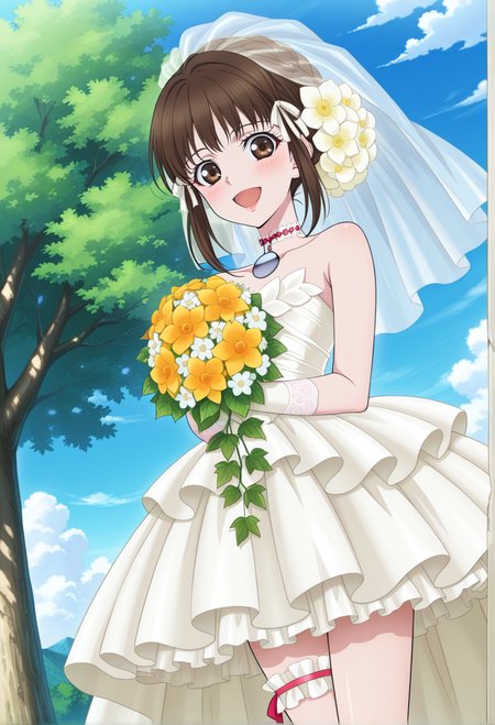 open smile, blush, 
cowboy shot, dynamic angle, frow below,
BREAK,
<lora:reala_illustriousXL_v01:0.95>
realarnd, realawed, brown hair, brown eyes, short hair, bridal veil, hair ribbon, 
pendant choker, wedding dress, sleeveless, white gloves, layered dress, short dress, 
thigh ribbon, white footwear, white high heels,, source_anime, very aesthetic, anime coloring, masterpiece, 
best quality, amazing quality, ultra detailed, very aesthetic, 
detailed background, 
BREAK,, street, trees, clouds, day,