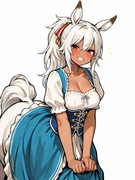 masterpiece, best quality, amazing quality, very aesthetic, high resolution,
epona, 1girl, solo, taur, smile, monster girl, animal ears, breasts, ponytail, centaur, looking at viewer, hair between eyes, shirt, white horse ears, Bavarian dress, red eyes, grin, bangs, long hair, white hair, dark-skinned female, medium breasts, blush, white background, simple background, 
<lora:epona_race_v2_illustrious_epoch_7:0.9>,
<lora:NOOB_EPSv1_1_detailer_by_vlnvk_v1_0:1>