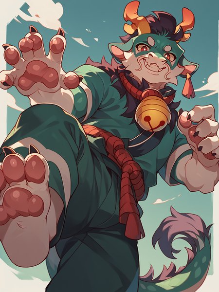 score_9, score_8_up, score_7_up, high quality, hires, male, solo, anthro, furry, buff body, grin, 5 fingers, seductive, from below, pawpads, antlers, red eyes, bell, looking at viewer, claws, <lora:Greene:1>