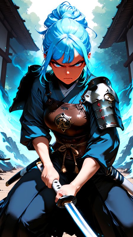 masterpiece, newest,absurdres,incredibly absurdres, best quality, amazing quality, very aesthetic,
1girl, annoyed, samurai, leather corset, fighting stance, shoulder plates, blue hair, straight hair, updo, silver katana, 
<lora:BlueFley_Style_-_Illustration:1> by_bluefley <lora:Forest_Decay_Style_ichi_sk:1> <lora:Lifeline_Illu_Edition:1> LL-Illu <lora:NOOB_vp1_detailer_by_volnovik_v1:1> <lora:Face_Enhancer_Illustrious:0.4>