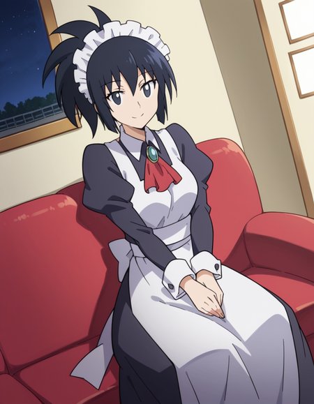 score_9, score_8_up, score_7_up, source_anime, <lora:sayaka-dejima-s2-ponyxl-lora-nochekaiser:1>, sayaka dejima, black hair, ponytail, black eyes, medium breasts,, apron, maid, maid headdress,, living room, television, couch, popcorn, watching movie, night time, sitting, , smile, looking at viewer, solo,, dutch angle, cowboy shot