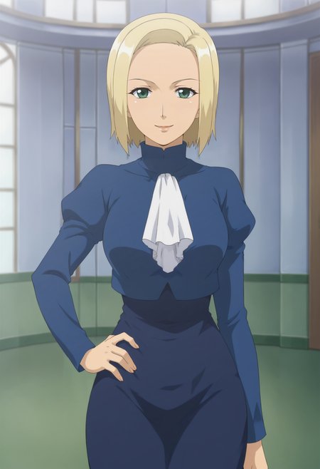 <lora:Nanae_Kuh_Haruka-Girls_Bravo:0.8>,1girl,solo,nanae kuh haruka,mature female,short hair,blonde hair,green eyes,anime coloring,ascot,puffy sleeves,long sleeves,dress,blue dress,looking at viewer, hand on own hip, indoors,smile