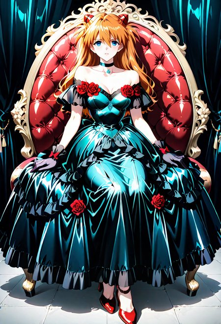 1girl,solo,looking at viewer, ikeda ruriko,gr dress, flower, black dress, red flower, gloves, jewelry, bare shoulders, red footwear, souryuu_asuka_langley,sitting,