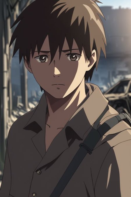 high resolution, solo, best quality, 1Boy, Takaki Toono, Brownish Hair, Brown Eyes, shallow depth of field, Post-Apocalyptic, survival, OverallDetail