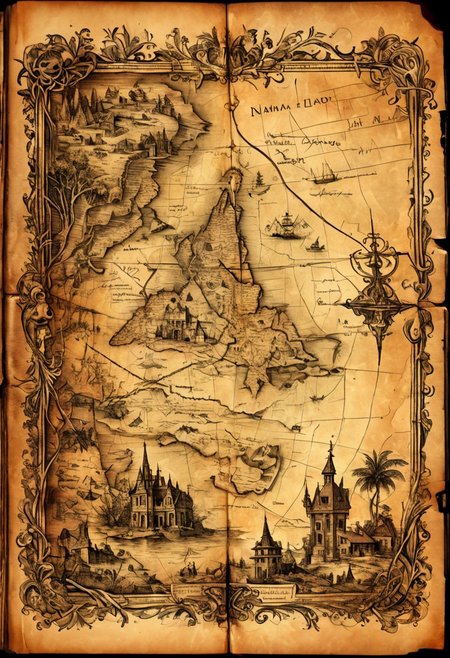A weathered treasure map hidden inside an old book. 
Masterpiece, insane artwork, unique image, Niji, aidma-niji