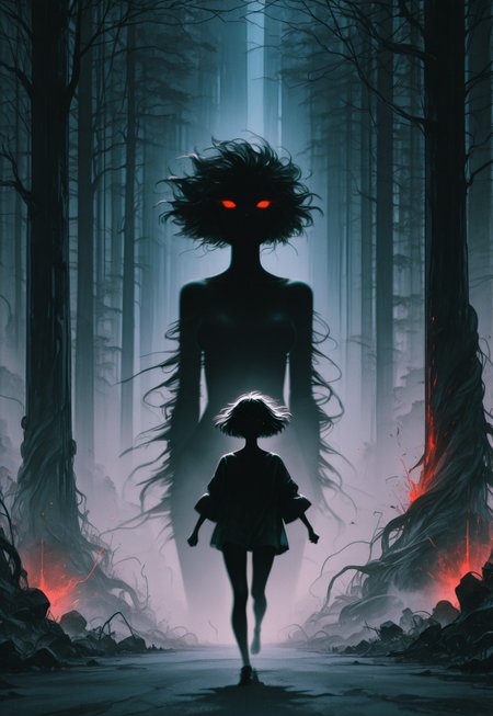 masterpiece, best quality, amazing quality, very aesthetic, absurdres, newest, OTZZK, Studio Ghibli Dark Fairytale,
BREAK,
1girl, black bangs, short hair, ground fog, (motion blur:1.5), micro skirt, oversized shirt, running, shadow monster, face focus, floating hair, shadow tendrils, glowing red eyes,
BREAK, night, soft moonlight, outdoors, forest, haunted forest, rolling fog, mysterious, spooky, eerie, dramatic shadows, red and black background theme, dramatic lighting, detailed background, deep contrast, limited color palette, high contrast black, dramatic composition, 