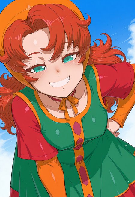 highres, best quality, masterpiece, blue sky,
tenseiani,
1girl, solo, maribel \(dq7\), 
green dress, sleeveless dress, shirt under dress, red shirt, layered sleeves, light aqua eyes,
looking at viewer, blush,
smile, hand on own hip, teeth, leaning forward, half-closed eyes, 
dutch angle, cowboy shot, 
<lora:_tenseiani-sty-elesico-ilxl-rev2:1>