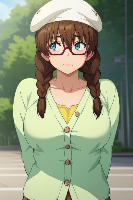 score_9, score_8_up, score_7_up, source_anime, rating_safe, intricate details, anime screencap, 1girl, solo, <lora:Sakurai_Erika:1>, sakuraierika, brown hair, blue eyes, mole under mouth, freckles, red-framed eyewear, twinbraids, glasses, large breasts, collarbone, white beret, lemon green cardigan, unbuttoned, yellow shirt, brown underskirt, pleated skirt, white pantyhose, looking away, cowboy shot, outdoor, arms behind back, embarrased, closed mouth