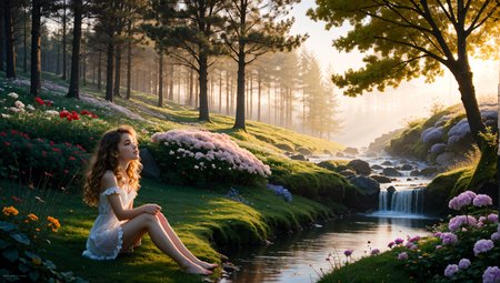 (detailed realistic background:1), (official art, beautiful and aesthetic:1 ), realistic lighting, cinematic lighting, hyperrealism, soothing tones, muted colors, high contrast, soft light, sharp, artistic photoshoot, FeyFa, forest, trees, middle, path, waterfall, through, background, stream, flowers, lights, BREAK  in the foreground sitting a fairy, in back of her house, light, (cute, petite), slender, european, pale cheeks, square face shape with angular jaw, natural makeup, ginger hair, (wavy bob hair:1.1), wearing see-through gossamer fairy short dress, night time, darkness,  <lora:age_slider_v2:-1.5> <lora:quality1:1> <lora:FeyAndFairies:0.4>