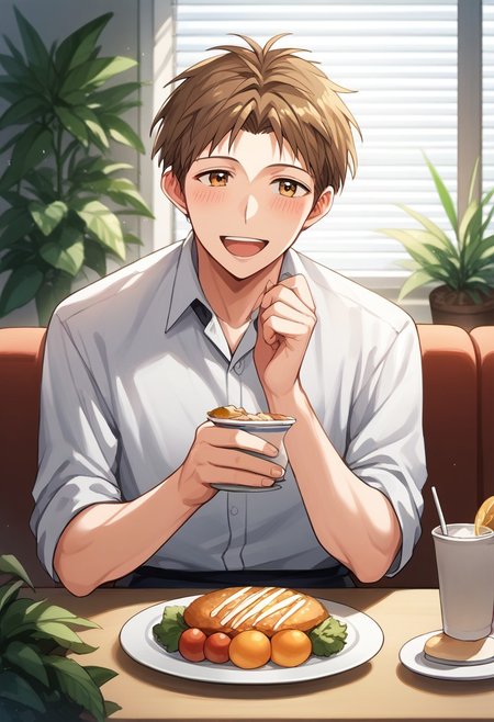 score_9, score_8_up, score_7_up, source_anime, rating_safe, table, hands with five fingers, Horikun, 1boy, male focus, blushing, open mouth, smile, blushing, sitting, indoor blurry restaurant, food on plates, happy-charming, window blinds, plants, hands with five fingers,