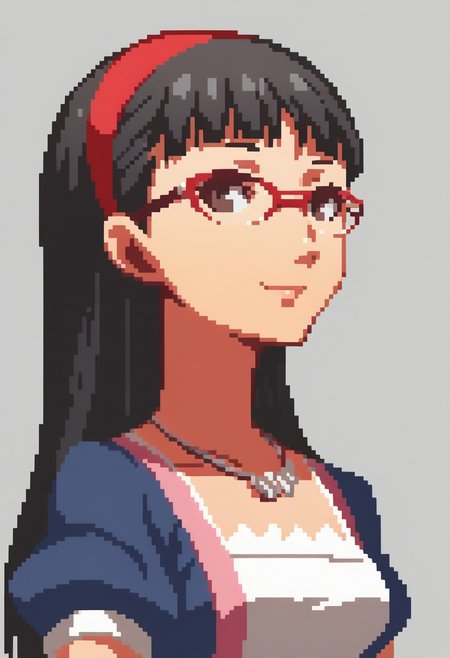 score_9, score_8_up,  detailed,    absurdres, extreme_quality,   anime style,     portrait, upper body portrait, slight side angle,  medium breasts, rpg portrait,  rpg, portrait,  , shadow, plain background, light grey background,  , upper body focus,   face focus, looking at viewer,  slight smile,  p4yukiko, amagi yukiko, long hair, black hair, bangs, hairband, glasses, red-framed eyewear, long hair,p4yukiko-sumcas, necklace, shirt, blue shirt, white camisole, puffy sleeves, short sleeves, skirt, white skirt, long skirt, sandals,